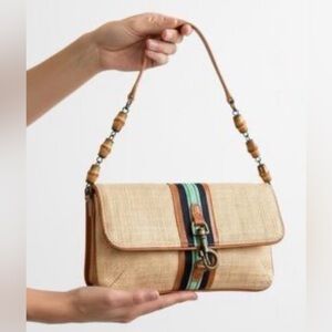 J.Crew rattan clutch with a leather and striped canvas closure